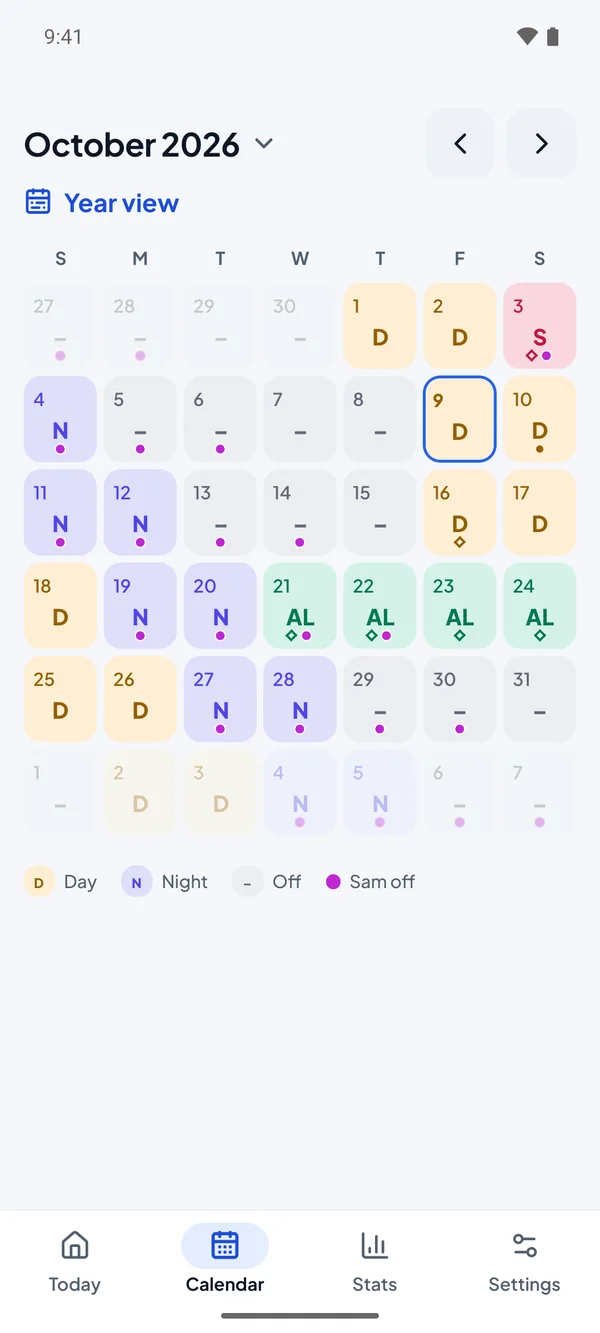 Month calendar with color-coded shifts, leave and notes