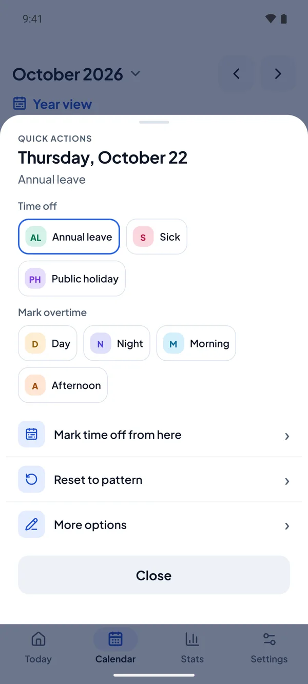 Quick actions for a day: annual leave, sick, public holiday and overtime