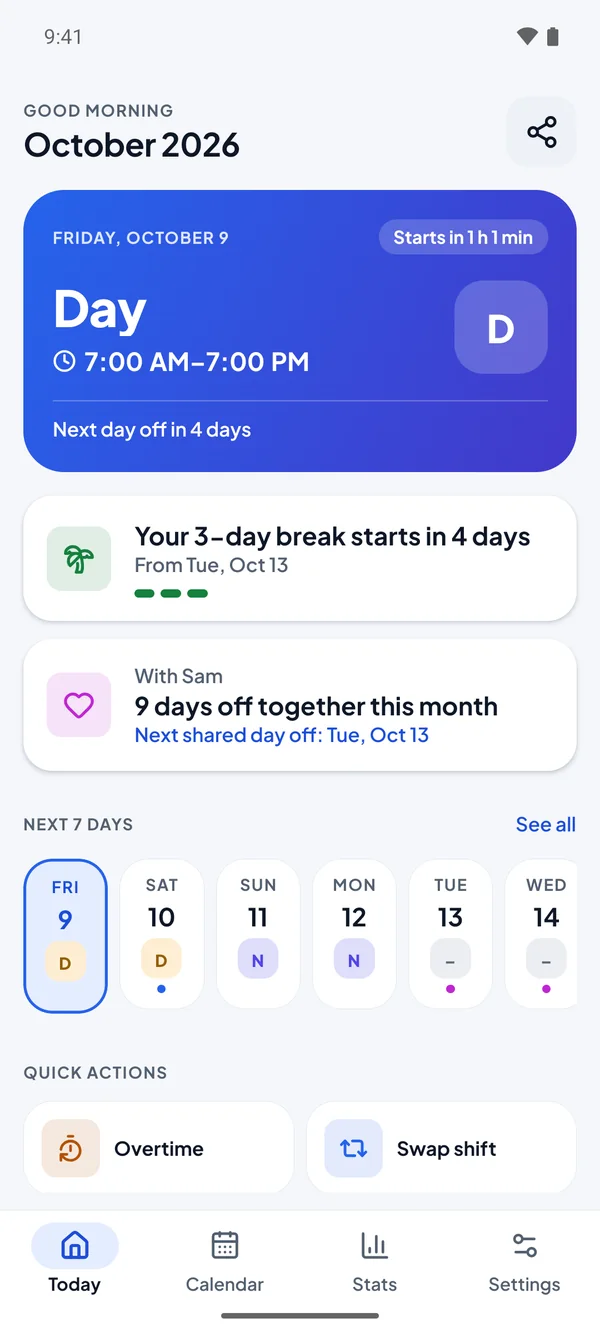 Today screen with a live countdown and the next 7 days