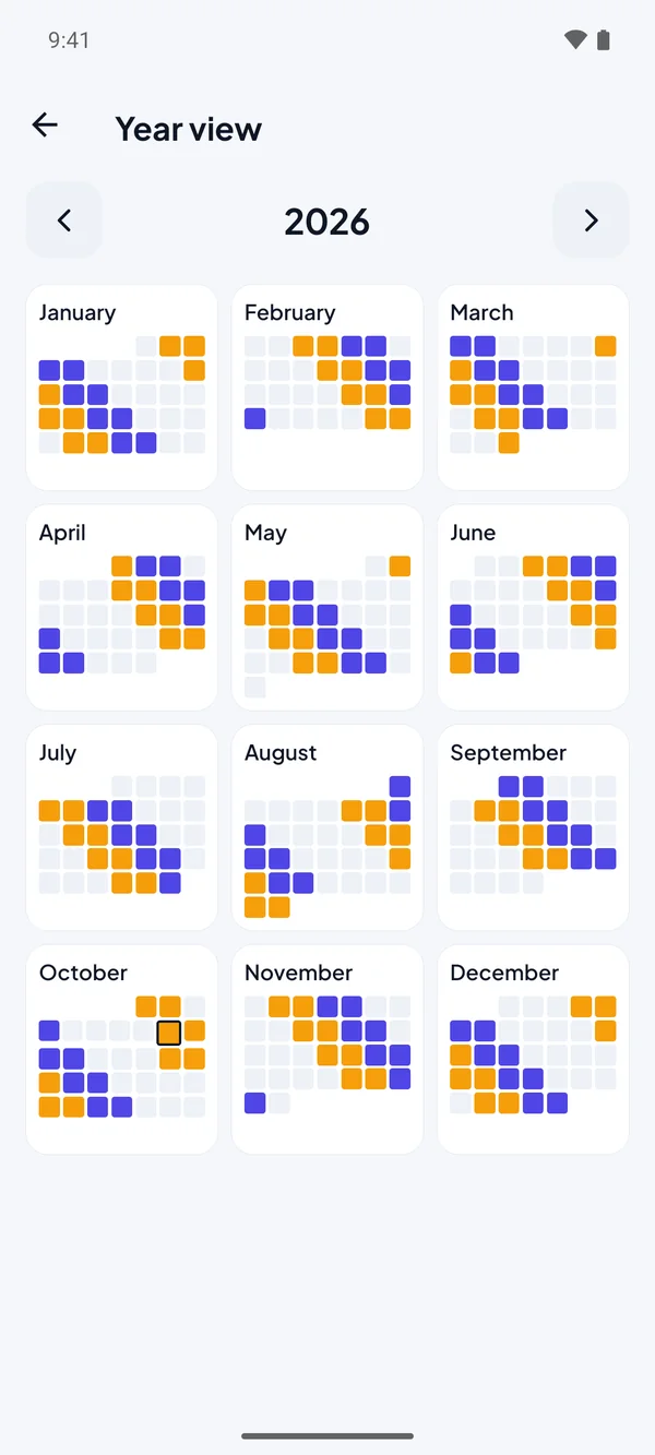 Year view showing every month of the year in shift colors